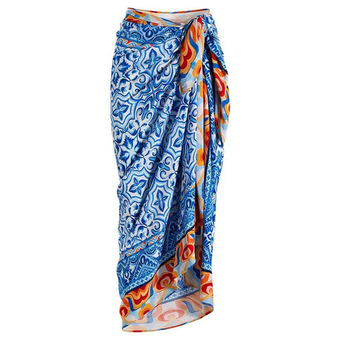 Beachdiva - Premium Blue and White Swimwear with Sarong