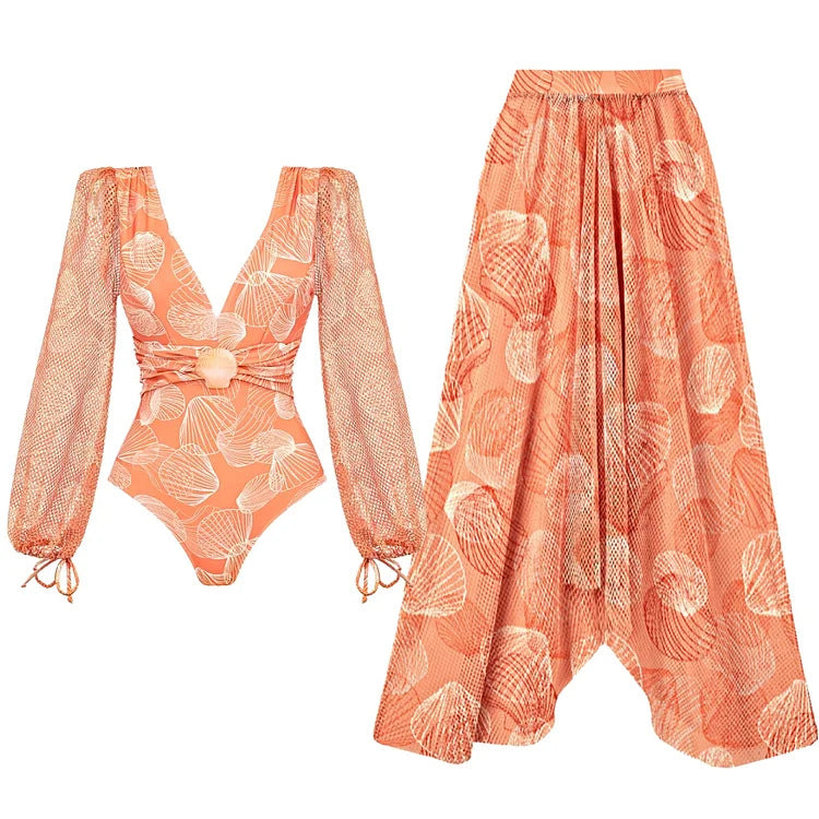 Orange net Swimwear with Skirt