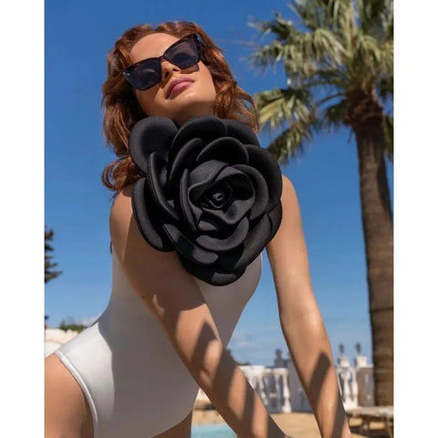 Black Flower White Swimear with Black Sarong