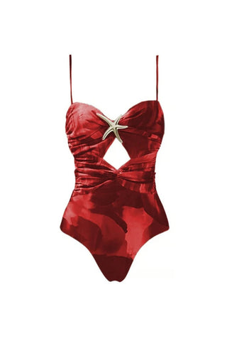 Beachdiva's  Premium_starfish_Red Swimwear with Sarong Skirt