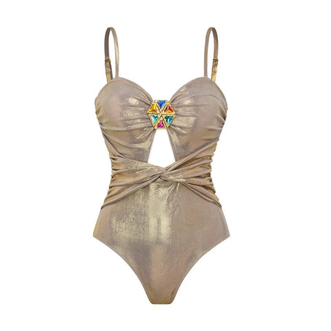 Gold Shimmer Fornt Cut Out   Swimwear With SKIRT