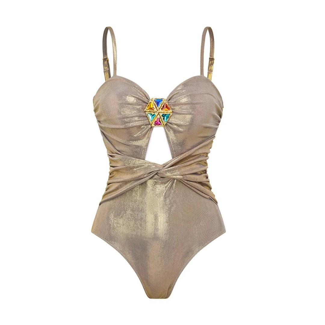 Gold Shimmer Fornt Cut Out   Swimwear With SKIRT