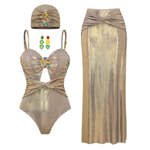 Gold Shimmer Fornt Cut Out   Swimwear With SKIRT