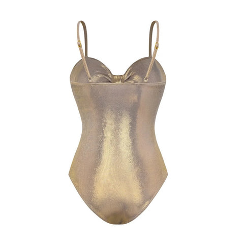 Gold Shimmer Fornt Cut Out   Swimwear With SKIRT