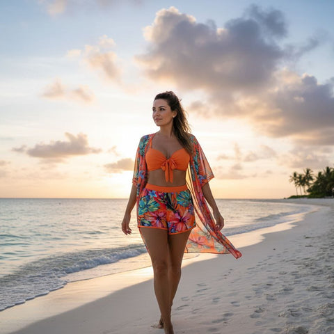 Orange BIKINI WITH TROPICAL SHORTS AND SARONG