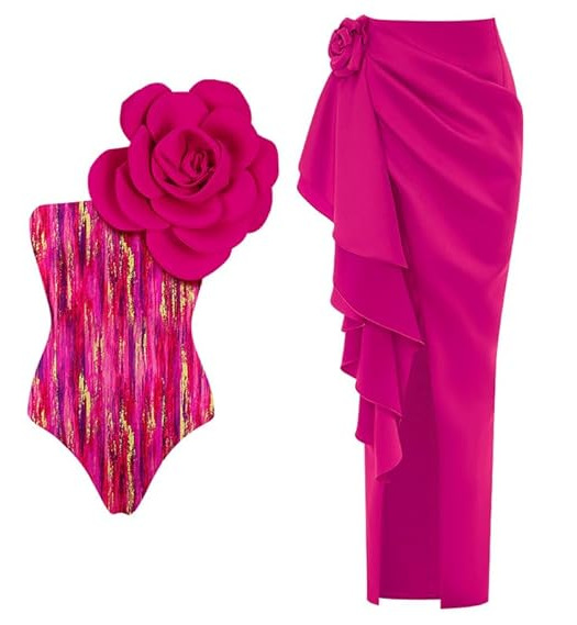 Beachdiva - Pink Flower Swimwear with pink Skirt