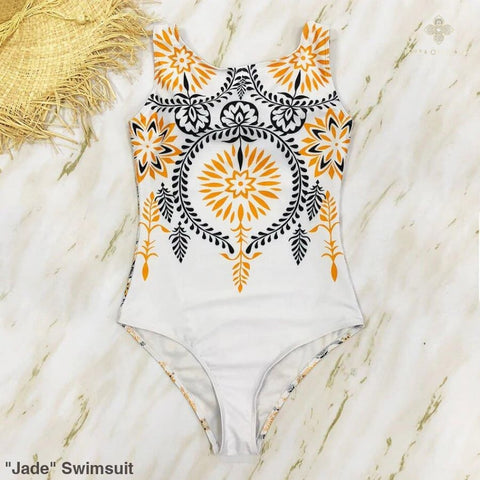 White swimsuit with Indian print