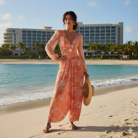 Orange net Swimwear with Skirt