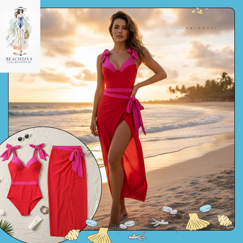 Pink and orange Swimwear with Sarong