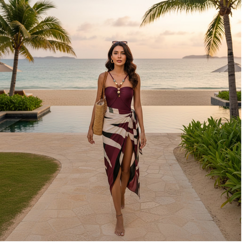 Beachdiva - Maroon swimwear with Sarong